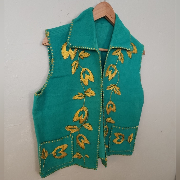 Vintage 1970s Golden Silk Thread Embroidered Wool Vest - Picture 2 of 14